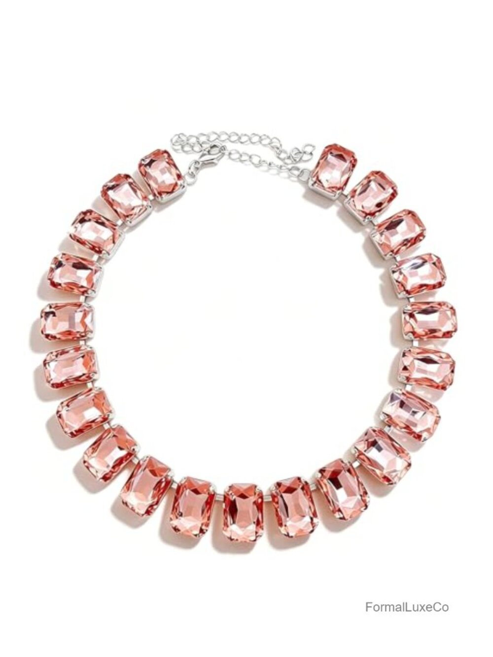 Octagon Cut Crystal Necklace Rhodium Finish Adjustable Length Hidden Safety